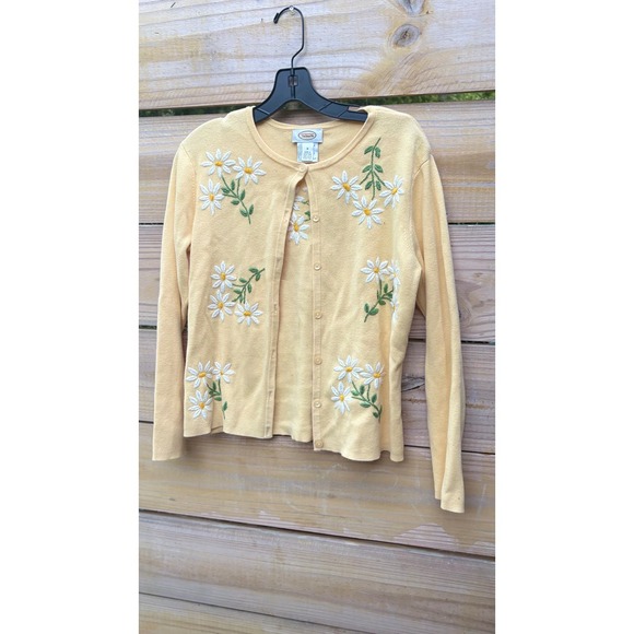 Talbots Sweaters - Talbots Yellow Cotton Daisy Embroidered Button Front Cardigan Sweater Womens M